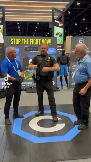 Demonstration of electric shock gloves incapacitating different people and causing them to drop to the ground