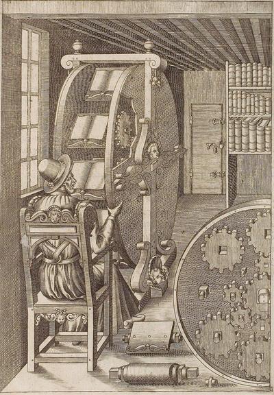 It's an illustration by Agostino Ramelli showing a bookwheel, a contraption of wooden gears that allowed multiple open books to be scrolled around like a ferris wheel