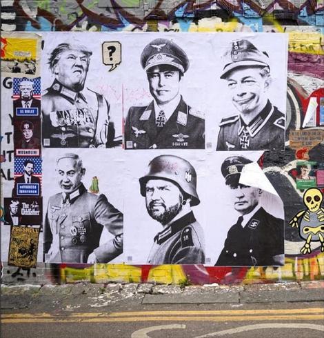 B&W poster Street art depicting Trump, Musk, Farage, Netanyahu, Vance, Putin as decorated Nazis 