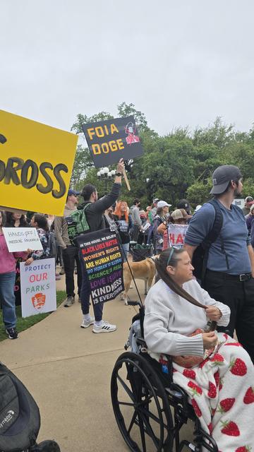 A sign with a nazi caricature of Elon Musk and the words FOIA DOGE, among a huge crowd under a gray sky. 