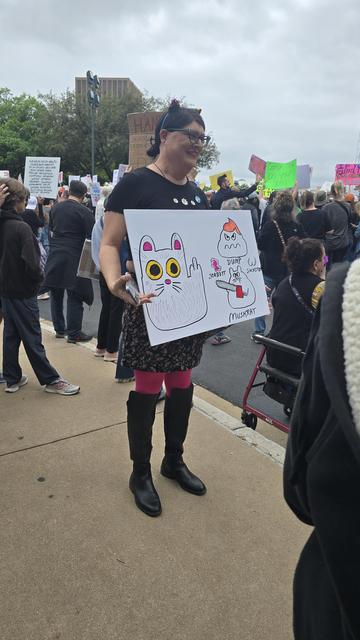 A sign with a cat giving the middle finger and rude caricatures of Elon, Trump etc. 