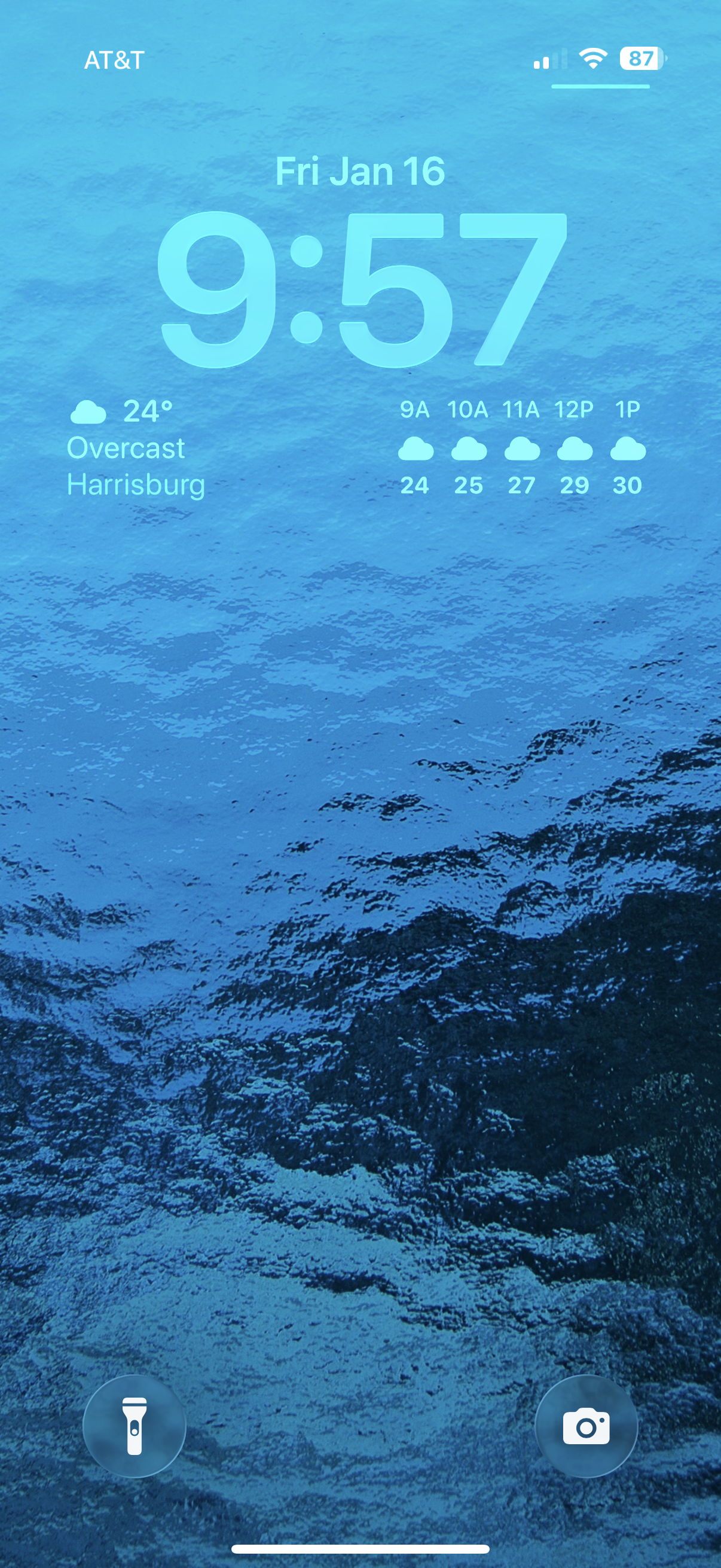 Frosted: A Dark blue, frozen winter pond themed iPhone 17Pro lock screen. From Wallaroo by The Iconfactory.

Artist
Gedeon Maheux
Release Date
January 15, 2026
A winter pond forms the backdrop of this simple, elegant wallpaper with a textured, abstract feel. Comes in multiple colorways.