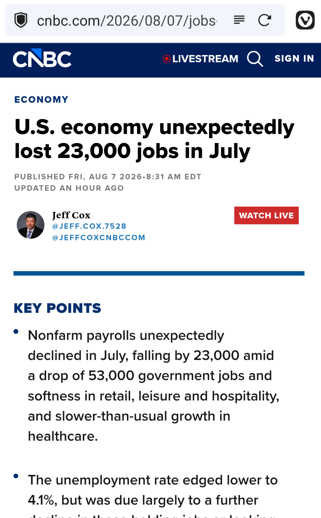 Headline: "U.S. economy unexpectedly lost 23,000 jobs in July"
