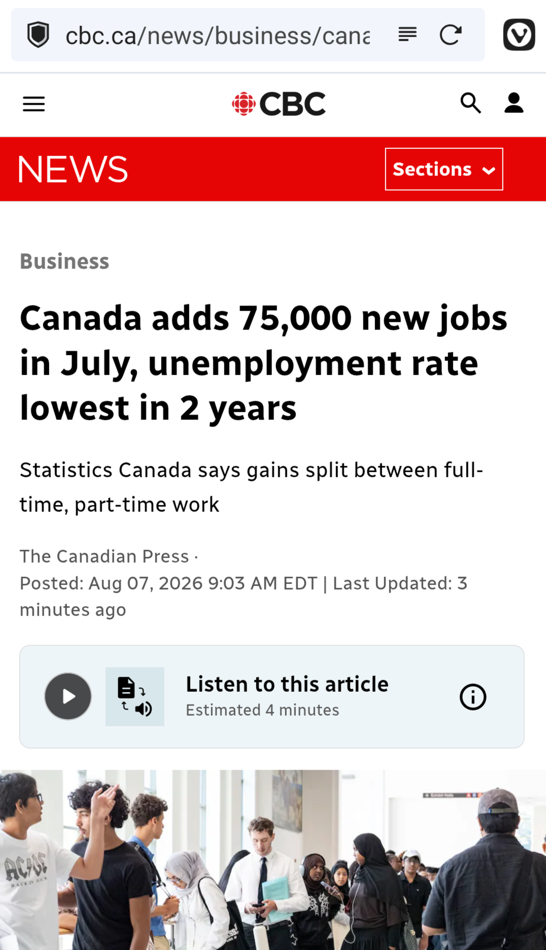 Headline: "Canada adds 75,000 new jobs in July, unemployment rate lowest in 2 years"