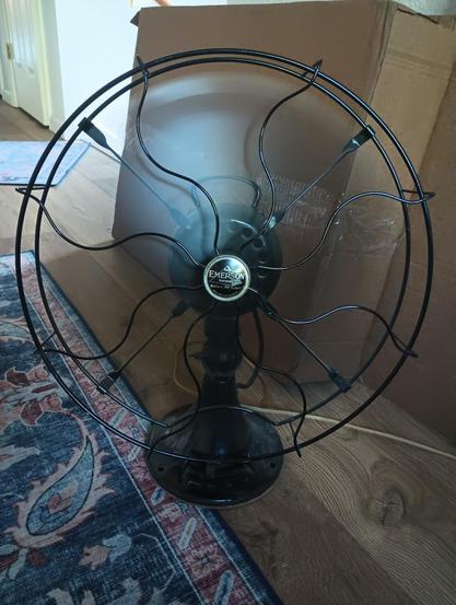 A color portrait photo of an old metal floor fan. It dates to around the 1920s, likely. It is black and has a small medallion in the center. The fan is running as the blades are just a blur. A cardboard box is seen in the background.