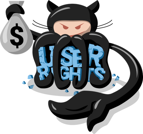 GitHub so-called “Octocat” logo/mascot in one tentacle holds 💰. Six other tentacles form a cage for the words “USER RIGHTS” — which are set in blue stone, but are crumbling under the force of the tentacles. The final tentacle reaches out with an open palm — presuambly to collect even more rights & money from its users.