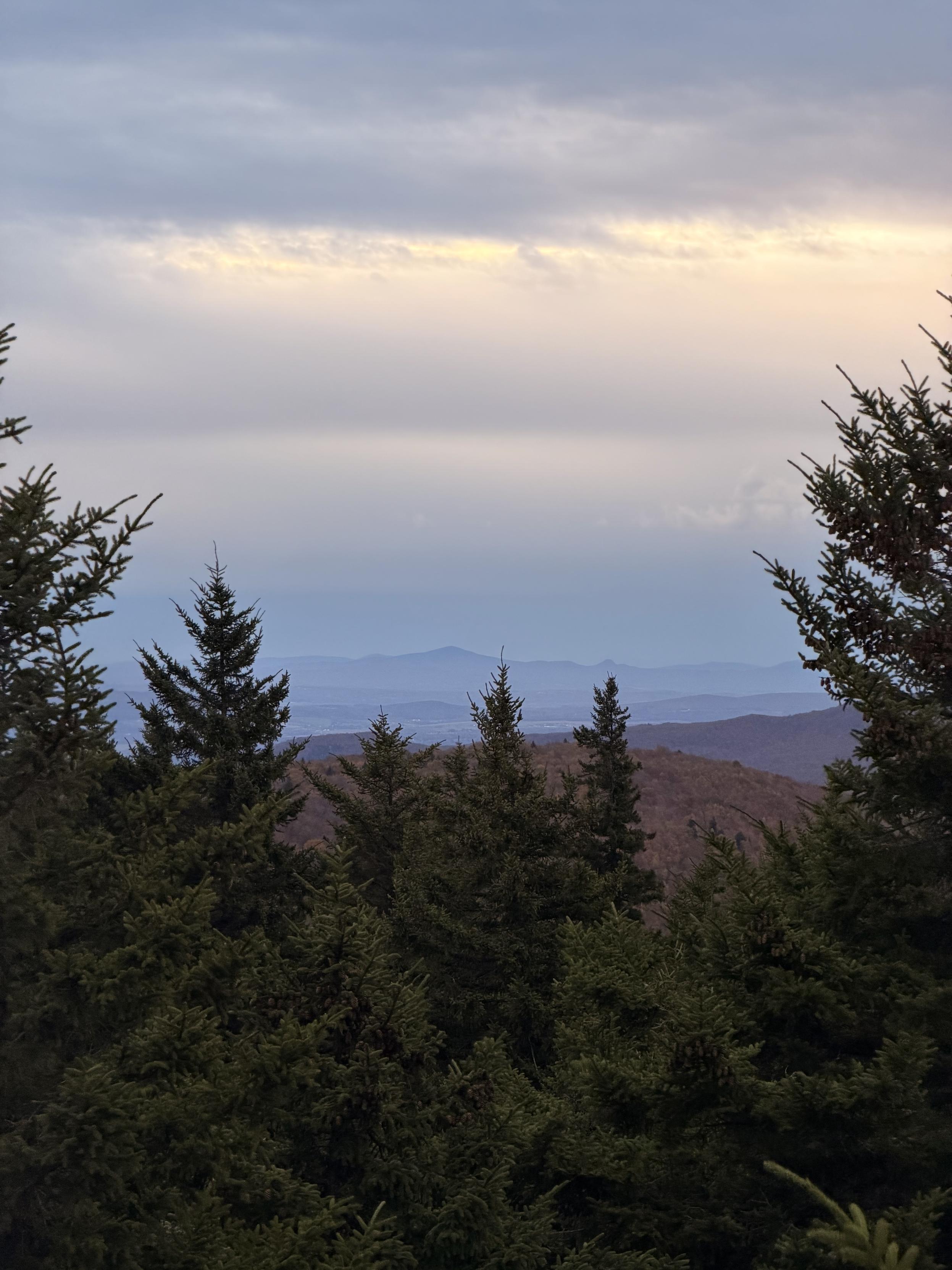 Des montagnes à l’horizon du jour naissant. Avec la brume de la distance et des arbres au premier plan.