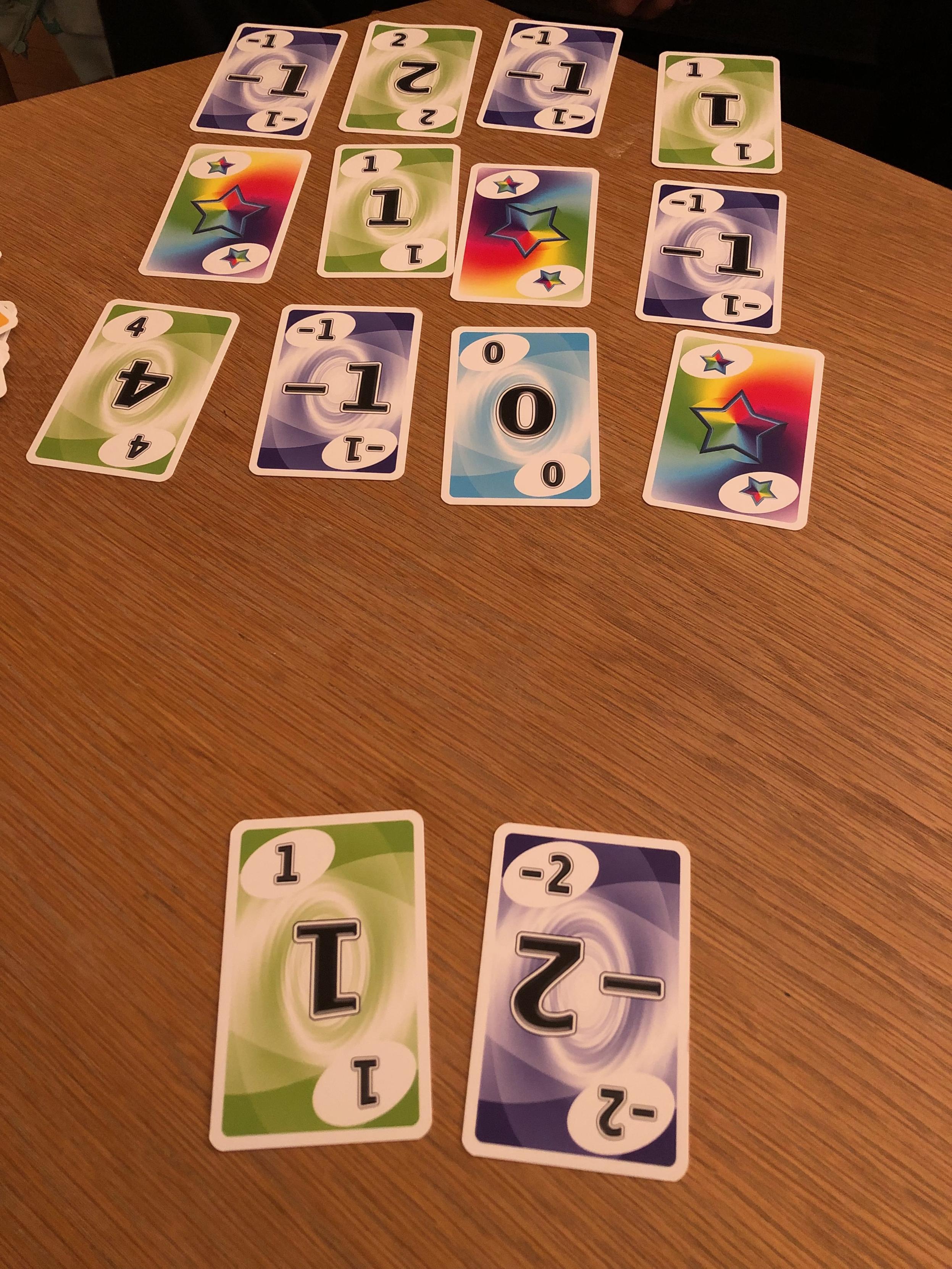 Une partie de SkyJo Action, les deux cartes qu'il me reste sont 1 et -2 (ce qui peut former un 12 en clignant un peu des yeux…). En face il y aussi 16 cartes pour un total assez bas qui résume bien une partie épique à rebondissements.