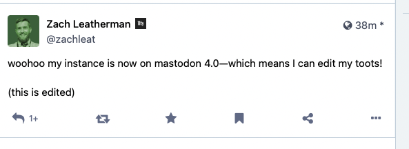 screenshot of a toot
38m ago
has an asterisk next to 38m * to denoted that it was edited
