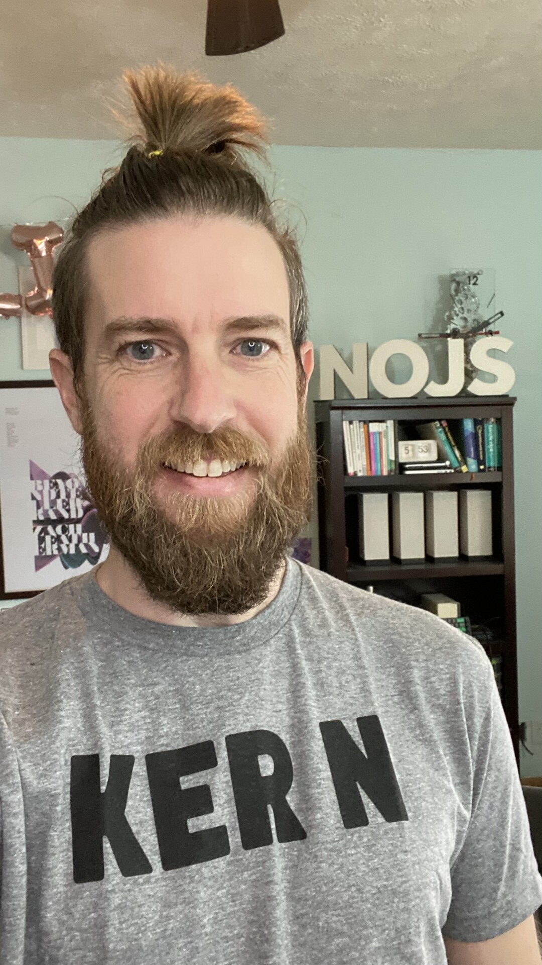 A selfie of me wearing a simplebits tshirt with KERN on the front, with way too much spacing between the R and the N