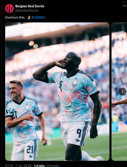 Billede af en belgisk herrelandsholdsfodboldspiller, der ser ud til at råbe til Donald Trump "overturn this" efter Belgiens 4-1 sejr over USA.