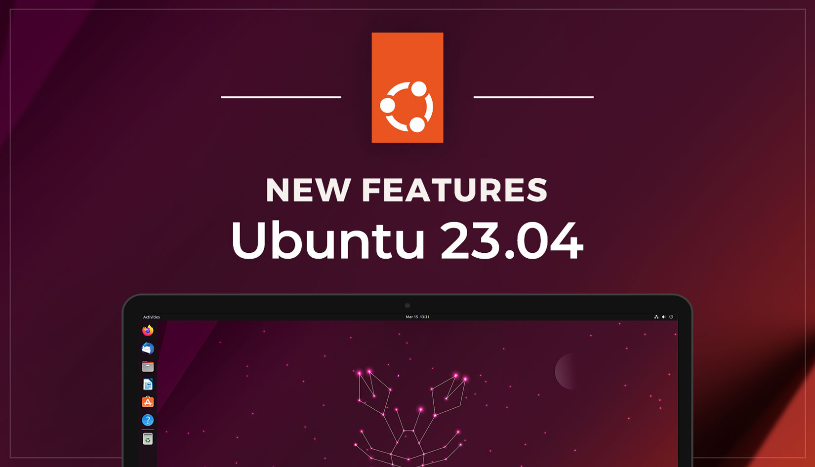new features ubuntu 23.04 with a laptop showing the ubuntu 23.04 desktop with no windows open