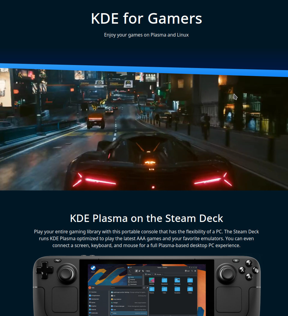 Screenshot of KDE's "For Gamers" website, with the title at the top, a video of a racing car game playing in the middle, and picture of the Steam Deck at the bottom.