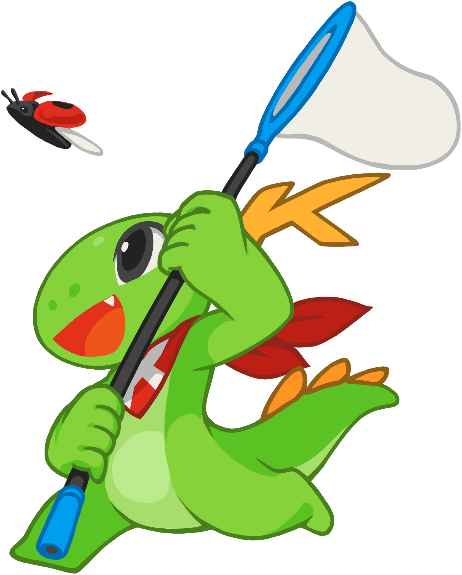 Konqi, KDE's pet dragon, seen here chasing a bug with a net