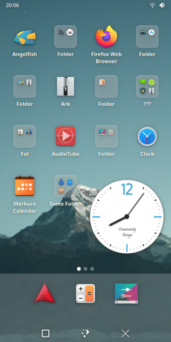 Plasma Mobile 6 screen with most used apps and a clock app in the lower right corner