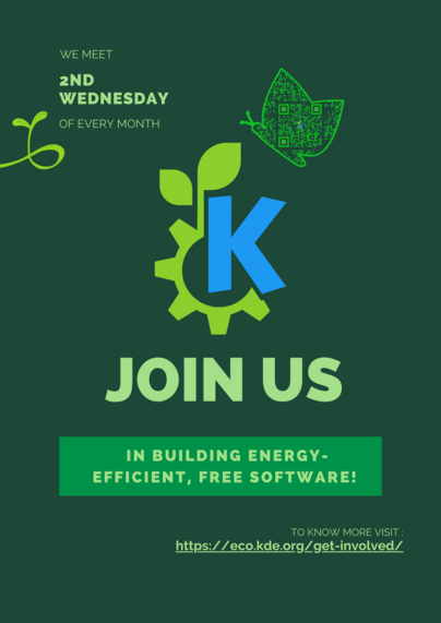 Poster announcing KDE Eco's monthly meetings, in which like-minded people, like yourself, get together to work on reducing computing's impact on the climate.