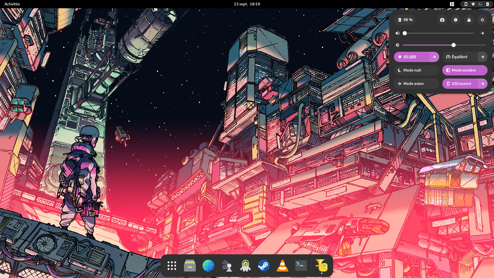 Screenshot of the main view of a GNOME desktop, with a magenta focus, Dash To Dock and Tilling Shell extensions, with a cyberpunk wallpaper by french artist Guillaume Singelin