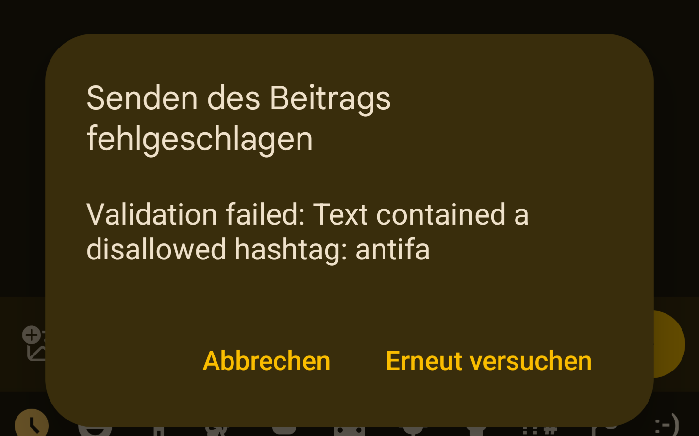 A screenshot showing an error message that a post on Mastodon failed to be sent as it contained a disallowed hashtag "antifa".