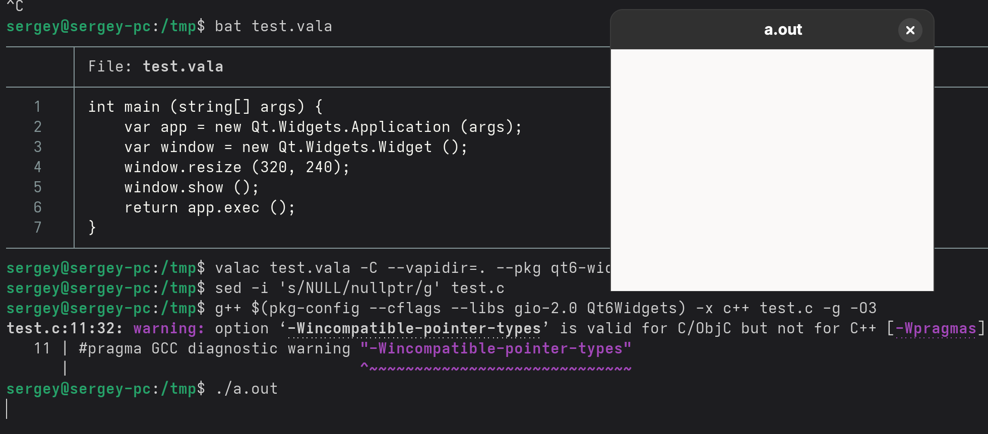 A very simple Qt 6 Widgets application, apparently written in Vala??? Can Vala even emit C++?