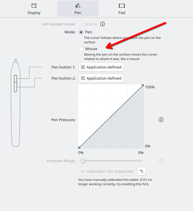 Screenshot of Plasma's System Settigs for drawing tablets. An arrow points to a radio button that enables the pen to act like a mouse.