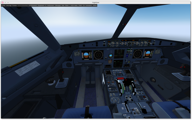 🕶️ A view of its UI (v. 2024.1.1 on my Linux PC) with the cockpit of the Airbus A320 in flight over the ocean. I've moved the seat back and zoomed out as far as possible to maximize the view of the cockpit - which gives the impression that the <br />instruments are quite far away. The simulation settings menus are located at the top left of the UI. 📚️ FlightGear is a libre and multi-platform flight simulator, focusing on the realism of the simulation. It feature a wide range of models (more than <br />700, planes, helicopters, gliders, ...), evolving under dynamic skies & world landscapes, on solo or multiplayer, in formation and even in aerial combats, in very close conditions of reality, with varied networking options, multiple display support, <br />powerful scripting language, and open architecture.