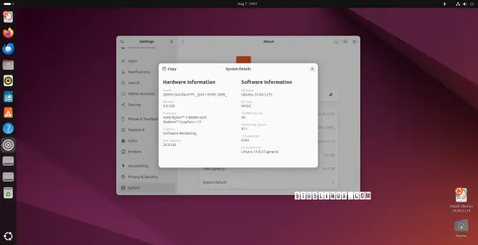 Screenshot of Ubuntu 24.04.3 LTS showing the Settings app.