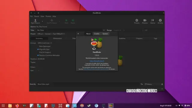 Screenshot of HandBrake 1.10 showing the main window and the About HandBrake dialog.