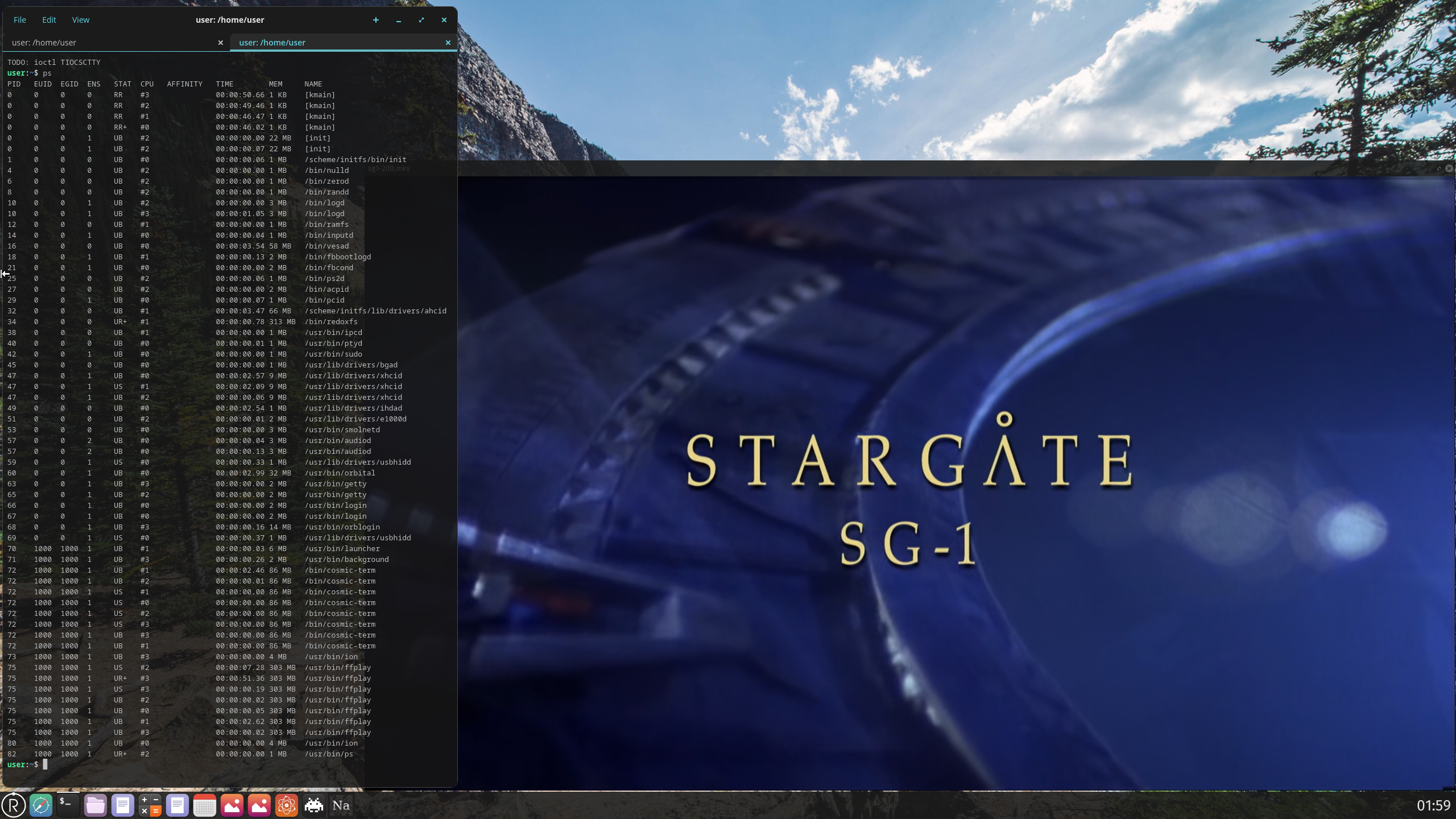 On the left, cosmic-term with transparency showing ps command output. On the right, ffplay is playing the 200th episode of Stargate SG-1. The majority of CPU time is being used by two ffplay threads, performing video decoding.