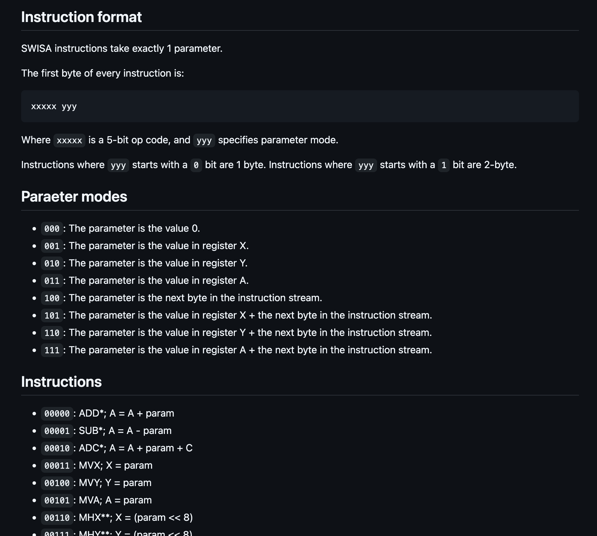 Screenshot of the linked gist, showings the instruction format section, parameter modes section and part of the instructions section