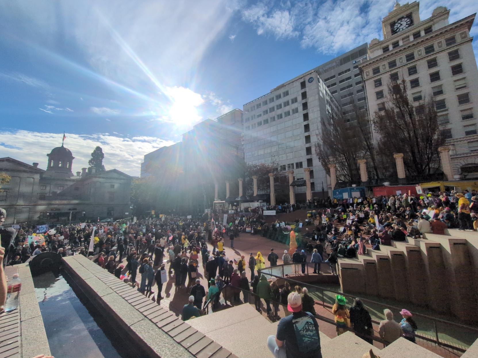 A large gathering of protesters in Pioneer Courthouse Square in Portland, Oregon