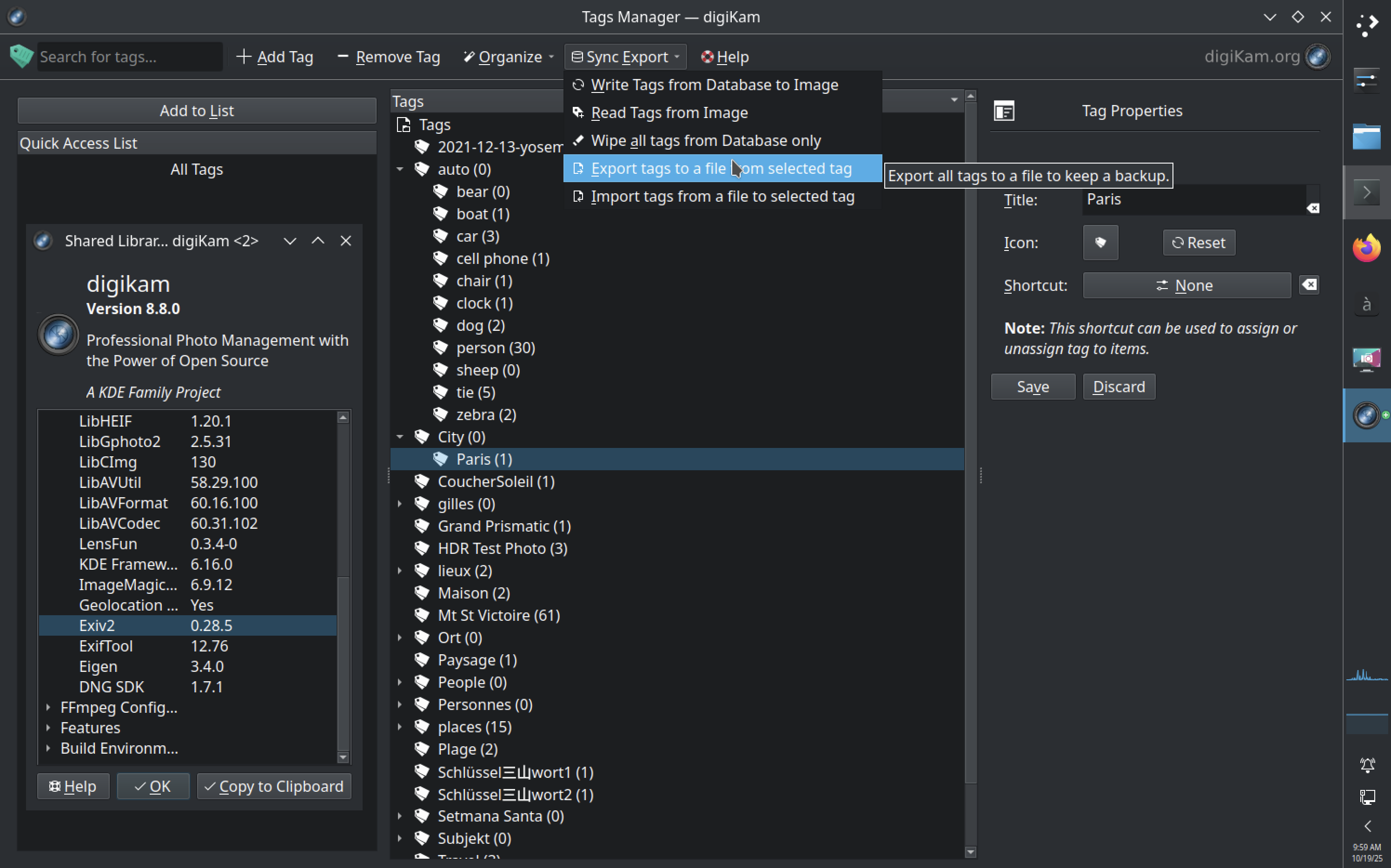 A screenshot of the Tag Manager and the menu item that lets you export tags to a text file.