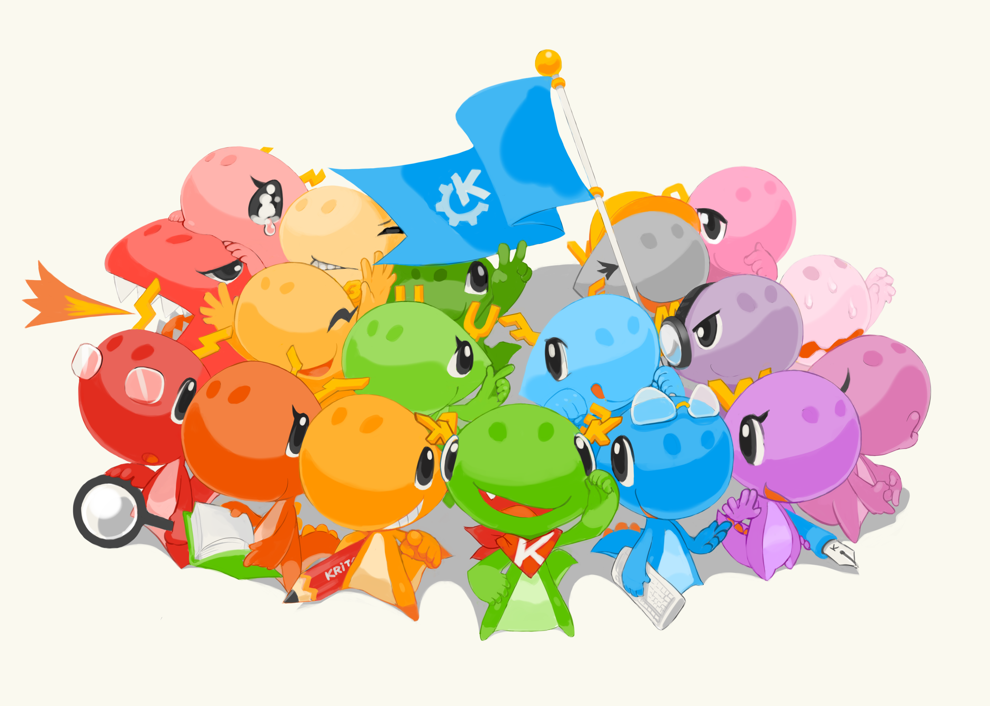 KDE's drabble of multi-colored dragons are here to make a better world through free software and empathetic technology.