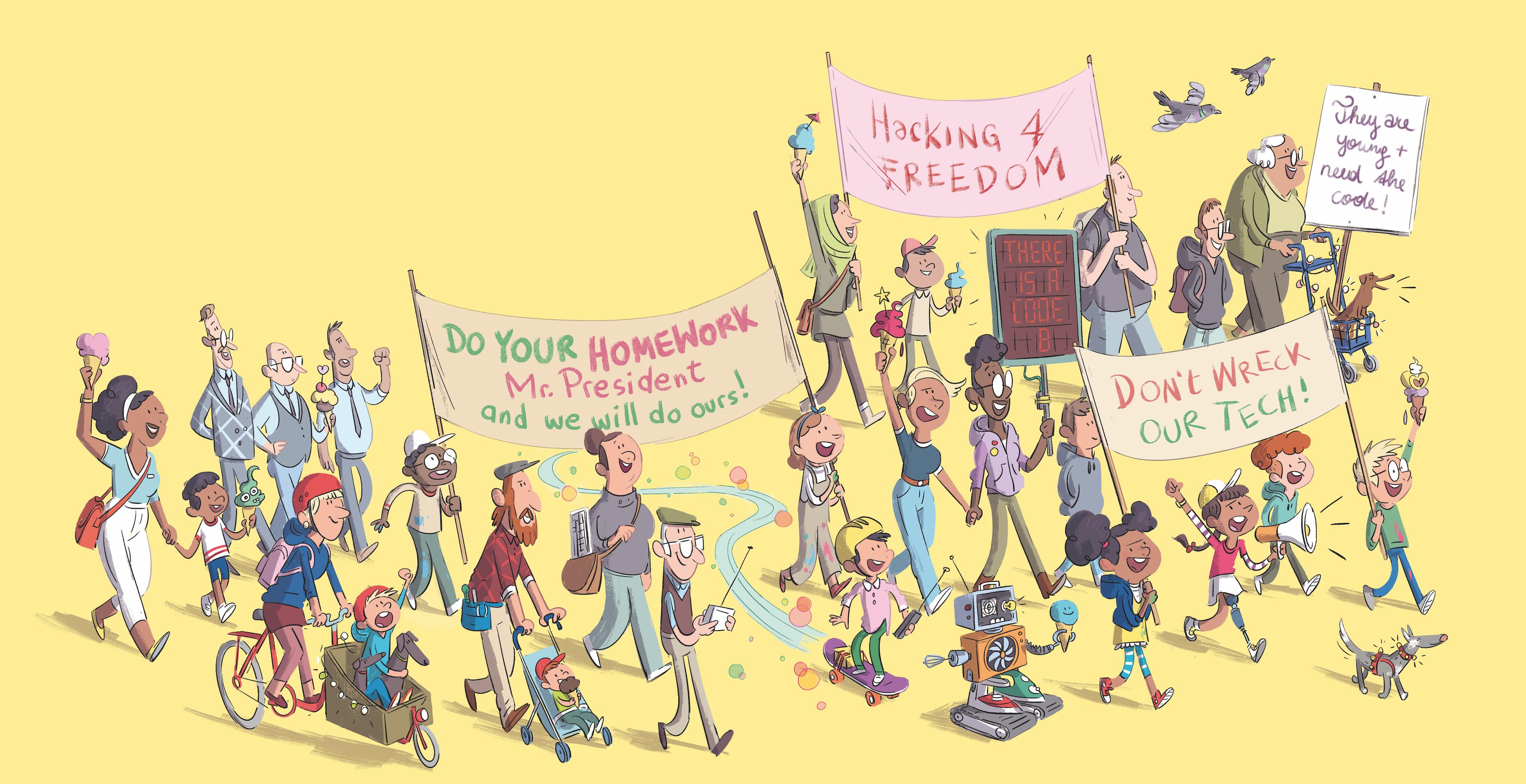 A scene from the book in which the people from the town protest against Zanglemann's stranglehold on ice-cream flavours.