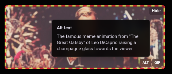 A screenshot of an image attached Mastodon post, showing the checkered outline assumedly intended to mark missing alt text, with the alt text present and displayed.