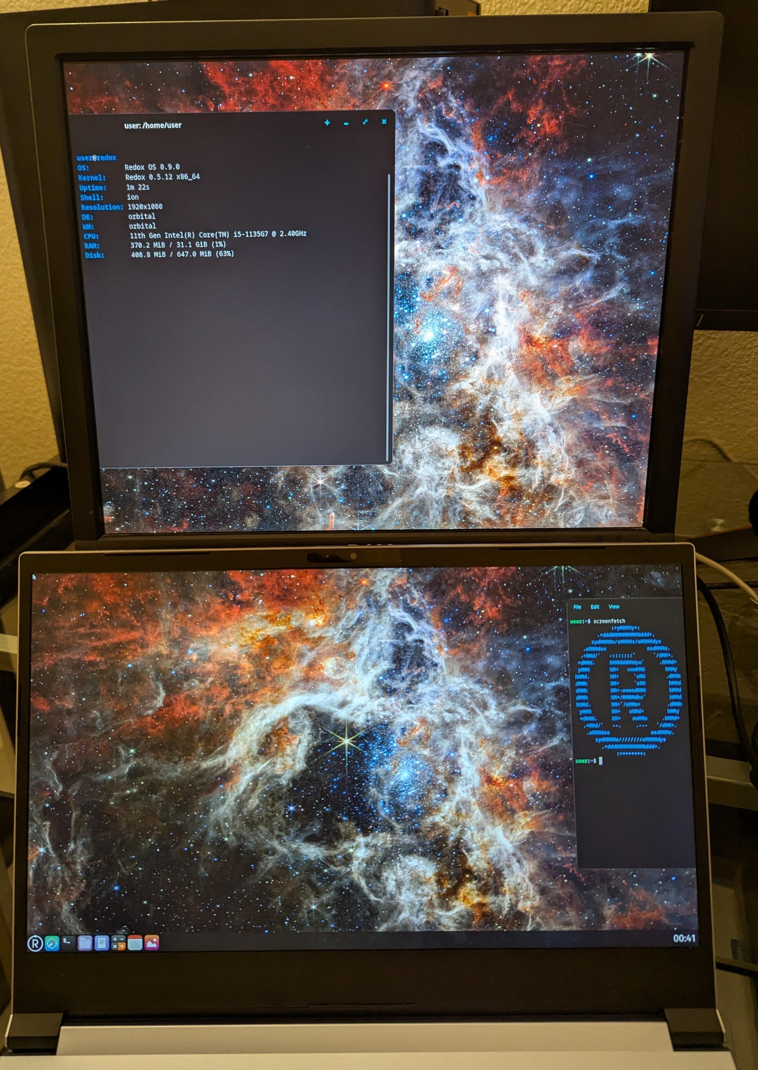 Redox OS with the Orbital desktop showing a COSMIC terminal window on two monitors.