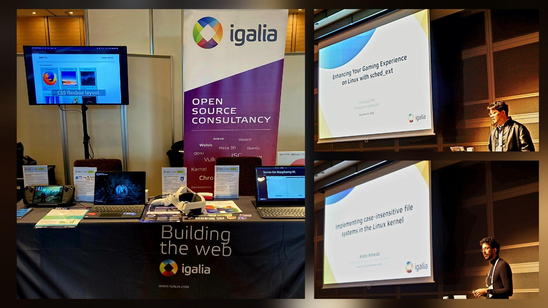 Collage with our booth at OSS Japan 2025 on the left side. Top right: Changwoo Min on the stage; Bottom right: André Almeida on the stage.