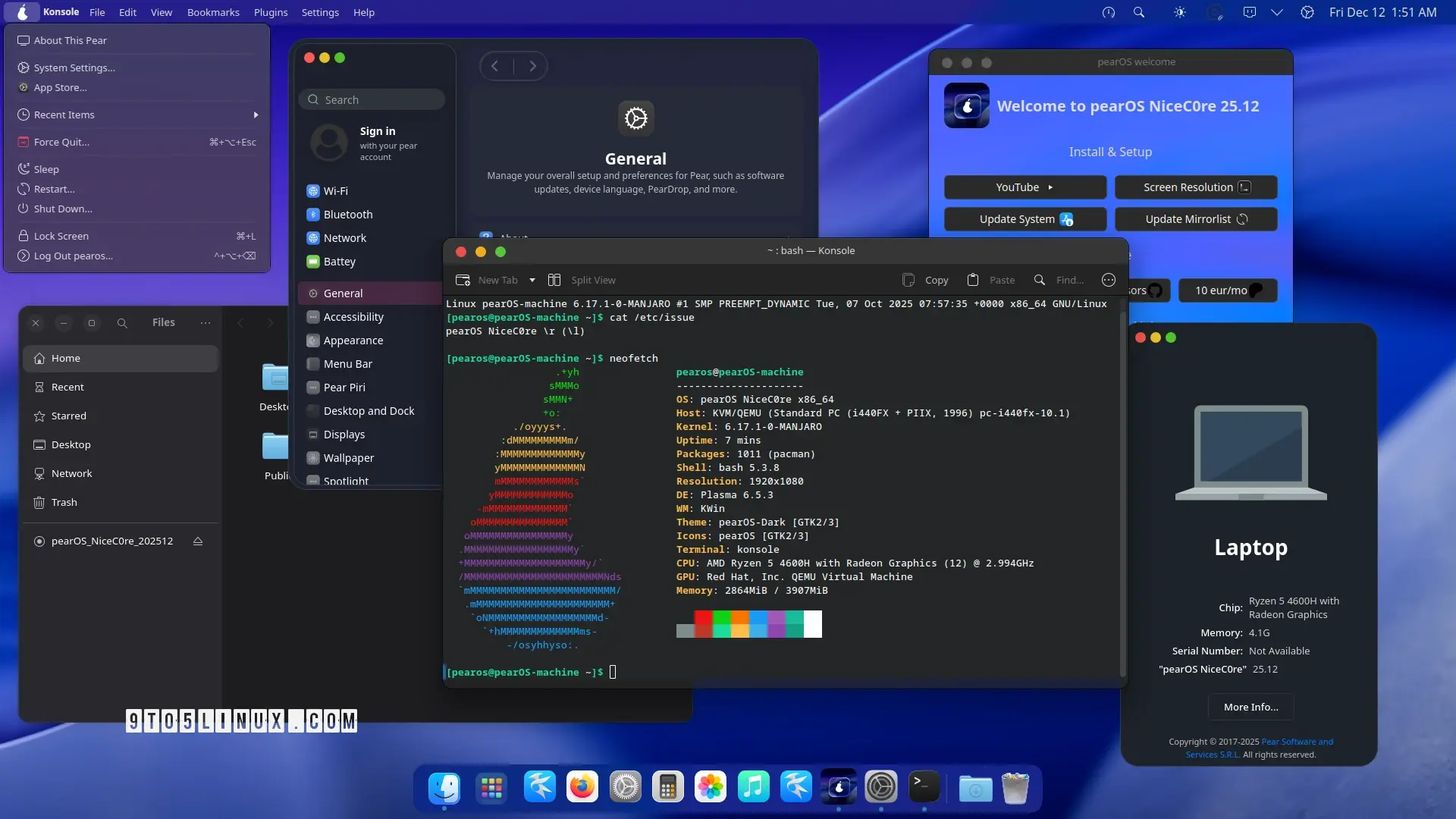 Screenshot of pearOS NiceC0re 25.12 showing various KDE apps like Dolphin, System Settings, and Konsole, as well as the pearOS Welcome app.