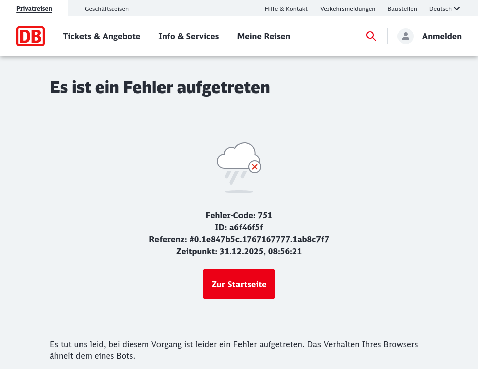 Screenshot of an error message of the website of the german train company Deutsche Bahn informing me that my access looks like the one of a bot.