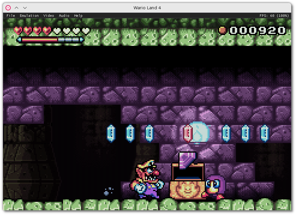 🕶️ A view of its UI with the game Wario land 4 in catacombs. The protagonist is about to grab a jewel from a chest and then jump to grab bonuses, while a rather cute enemy is also approaching. The LCD graphics are very well done.

📚️ Hades is a libre, multi-platform emulator of the Nintendo Game Boy Advance. It aims to offer a good balance between speed, usability and accuracy. It offers decent accuracy (under development), fast saving, support for controllers, keys and buttons remapping, color correction and LCD effects, and loading of games from their compressed format (.zip, .7z, .rar, etc.).