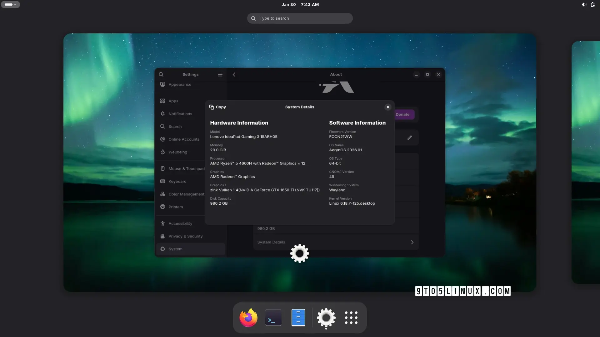 Screenshot of AerynOS 2026.01 with the GNOME desktop environment showing the Settings app and the Activities Overview.
