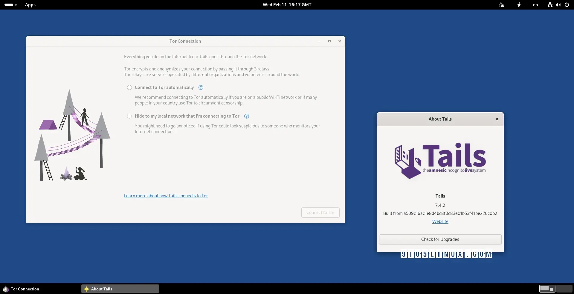 Screenshot of Tails 7.4.2 showing the Tor Connection assistant and the About Tails dialog.