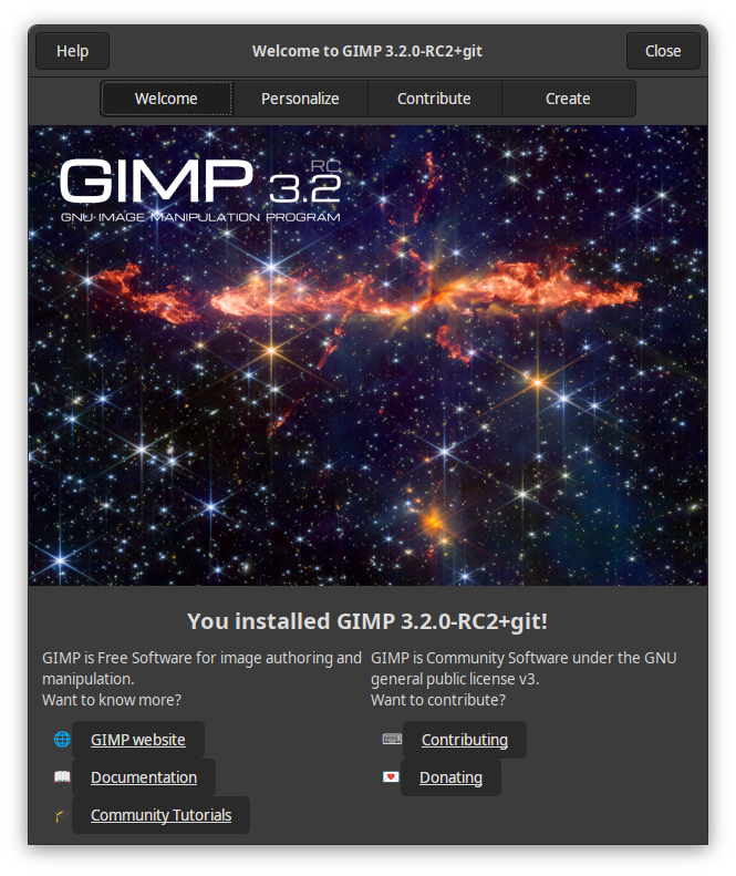 Welcome dialog of a development version for GIMP 3.2, featuring a photograph of "The Dragon Jet", processed by Mark McCaughrean in GIMP. The photography is CC BY-SA 4.0.