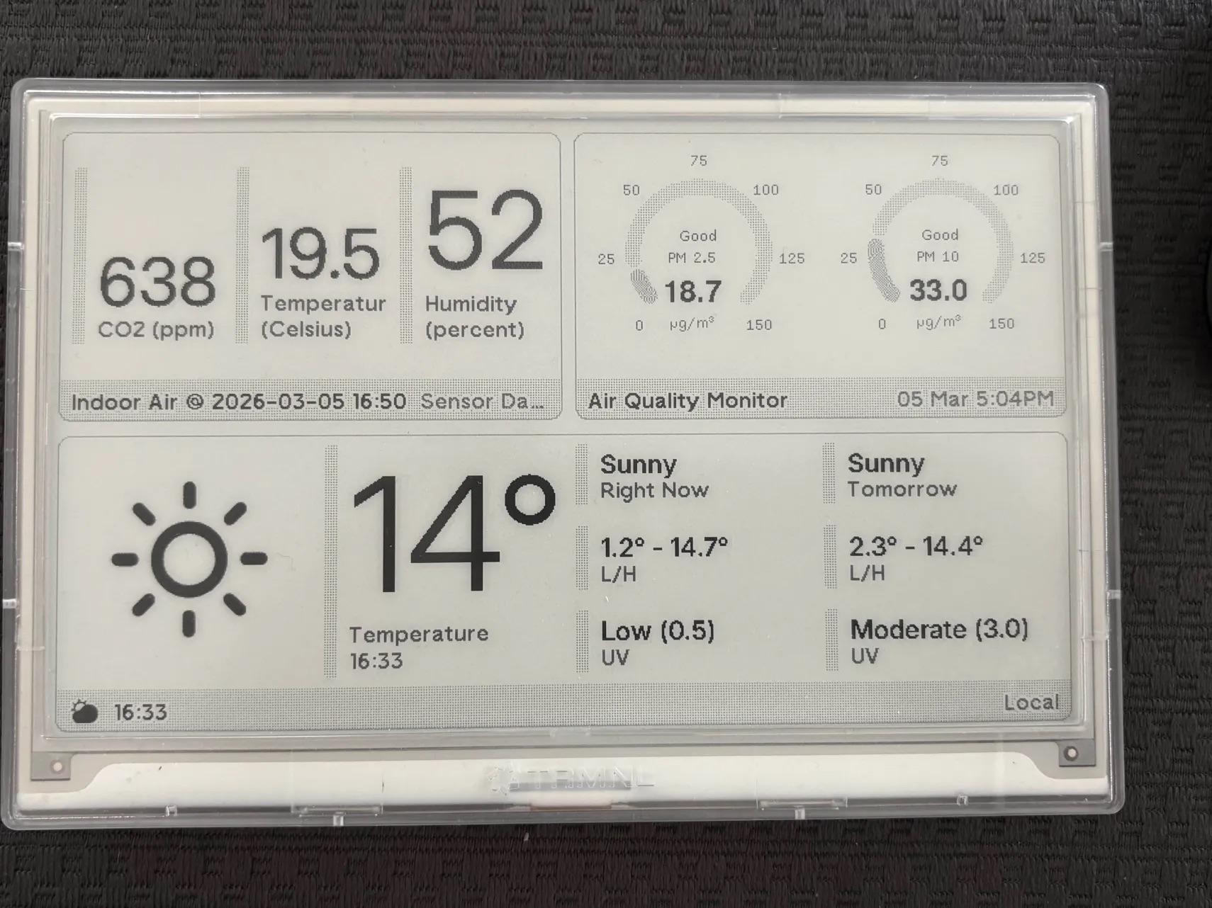 Photo of a TRMNL 7.5" epaper device showing local sensor data (CO2, temperature, humidity) combined with publicly available plugins for local weather and city air quality.