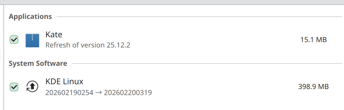 This screenshot shows a section of KDE's Discover software management system, displaying a number for update size.