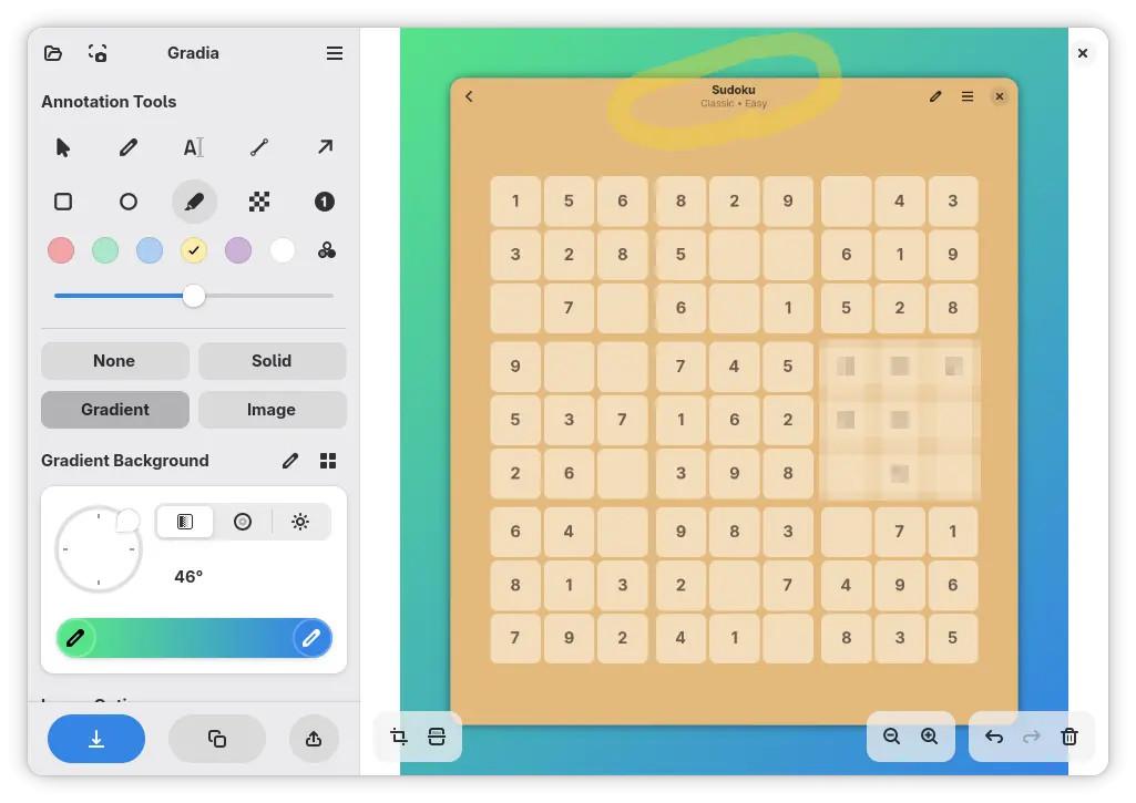 Screebshot of the Sudoku made with Gradia. On the left the annotation tools provided.