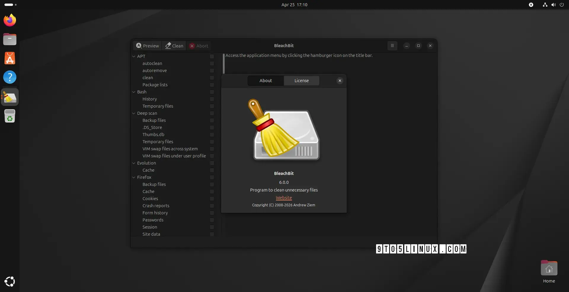 Screenshot of BleachBit 6.0 showing the main interface and the About BleachBit dialog.