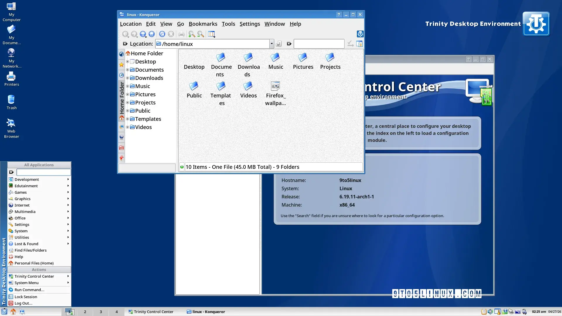 A screenshot of the Trinity Desktop Environment (TDE) showing the application menu, file manager, and Trinity Control Center.