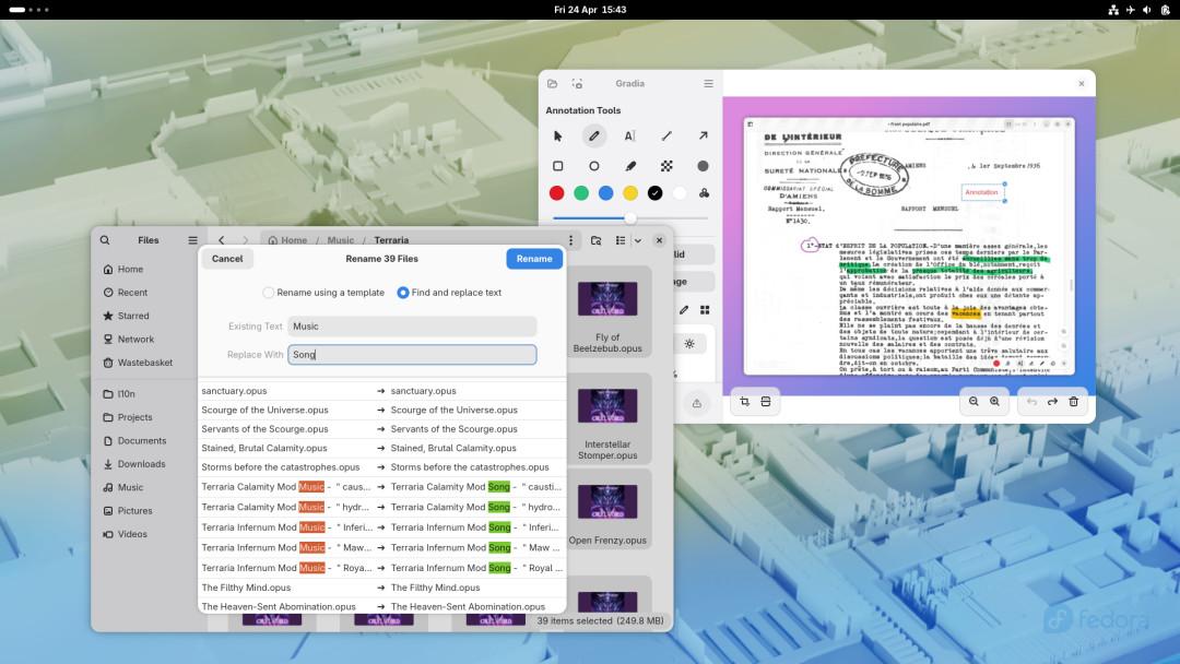 Screenshot featuring Fedora Silverblue 44, with GNOME 50. Wallpaper is default Fedora 44 wallpaper together with blue accent colour.

There are two apps open in light style – Files, featuring redesigned batch rename dialog and new Circle app – Gradia, shown editing a screenshot showcasing Papers' new annotation tool.