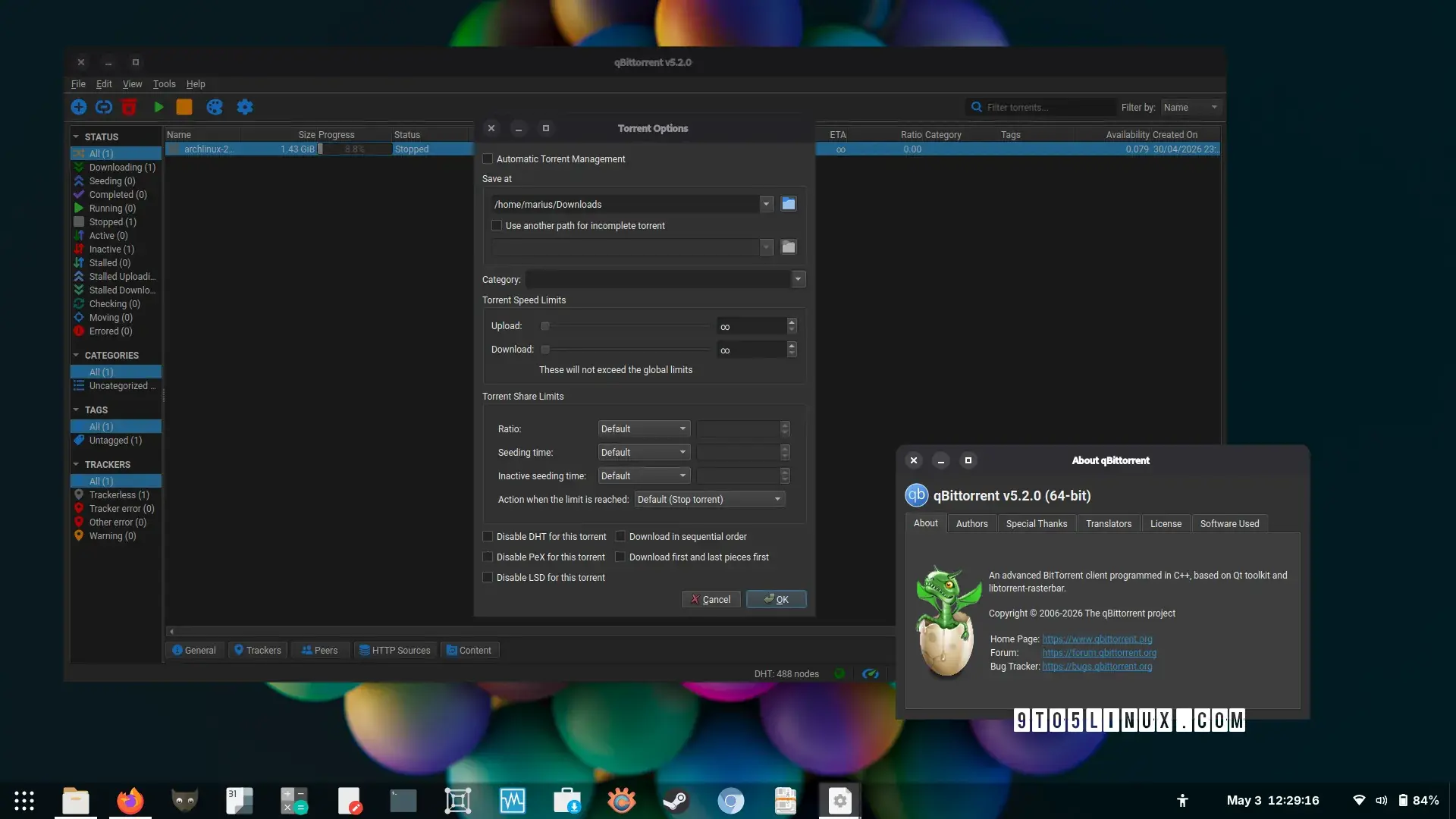 A screenshot of qBittorrent 5.2 showing the main window, while downloading the latest Arch Linux ISO image, and the About qBittorrent dialog.