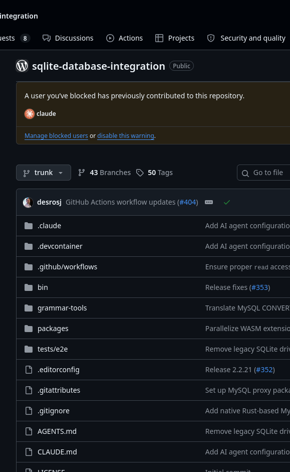 A screenshot of the github project of sqlite-database-integration by wordpress with a warning showing that the project has been edited by the claude bot and files like AGENTS.md, CLAUDE.md and .claude.